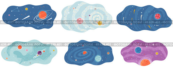 Cartoon fantastic planet on space background, scenes set with flying meteorites and comets. Satellites and stars circle around planet in Solar system cartoon cosmic astronomic object in outer space. Cartoon fantastic planet on space background, scenes set with flying meteorites and comets. Стоковая иллюстрация, агентство Ingram Publishing / Фотобанк Лори