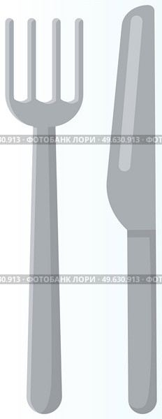 Cartoon fork and knife mockup. Stainless steel, silver kitchenware, flatware. Special cutlery isolated on white background. Kitchen utensils for eating. Metal knife and fork vector illustration. Cartoon fork and knife. Stainless steel, silver kitchenware. Cutlery isolated on white background. Стоковая иллюстрация, агентство Ingram Publishing / Фотобанк Лори