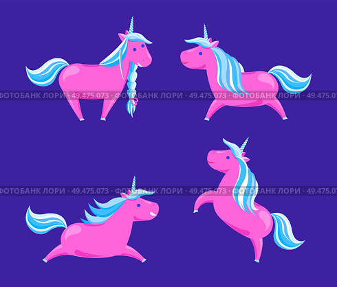 Cartoon horses fairy tale and legend creatures with horn. Childish animal character, rainbow mane vector. Set of unicorns in different poses vector isolated. Cartoon Horses Fairy Tale Legend Horned Creatures. Стоковая иллюстрация, агентство Ingram Publishing / Фотобанк Лори