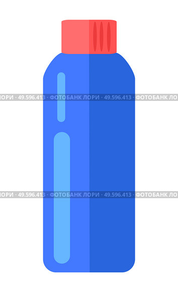 Cartoon icon. Realistic bottle with red cap. Container for detergent, cleanser, liquid, soap, shower gel, shampoo, lotion, bath foam, cleaning agent, washing cleaner. Cosmetic plastic blue bottle. Realistic blue bottle with red cap, cosmetic plastic bottle with detergent, washing cleaner. Стоковая иллюстрация, агентство Ingram Publishing / Фотобанк Лори