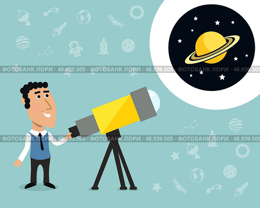 Cartoon male astronomer observes jupiter in telescope print with space elements on background vector illustration. Стоковая иллюстрация, агентство Ingram Publishing / Фотобанк Лори