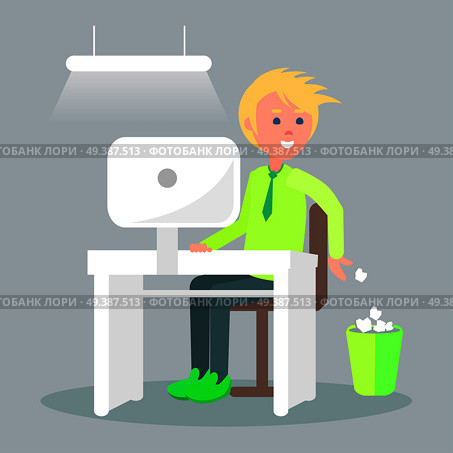Cartoon male character sits at table with computer screen and throw unnecessary paper into waste bin. Vector illustration of comfortable work process. Man does his job in cozy office in flat style. Cartoon Male Character Sits at Table with Computer. Стоковая иллюстрация, агентство Ingram Publishing / Фотобанк Лори