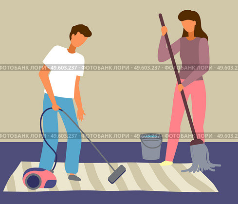 Cartoon male character with vacuum cleaner, female character with round mop, bucket of water. Married couple take care of house, cleaning carpet, mopping floor. Cleaning the house. Staying home. Married couple cleaning their house. A man vacuuming, a woman washing the floor. Flat vector image. Стоковая иллюстрация, агентство Ingram Publishing / Фотобанк Лори
