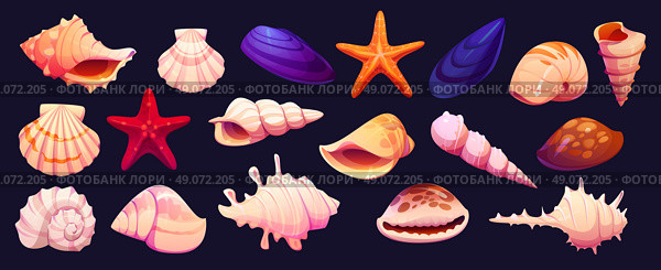 Cartoon seashells, mussels, starfish and shellfish. Стоковая иллюстрация, иллюстратор VectorTradition / Фотобанк Лори