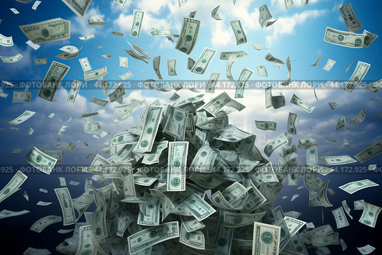 Cash windfall: money flying in blue sky. Стоковое AI-изображение, AI-художник Иван Рябоконь / Фотобанк Лори