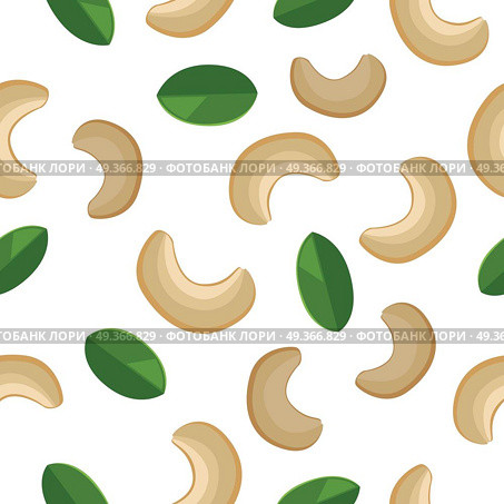 Cashew seamless pattern vector in flat design. Traditional snack. Healthy food. Nut ornament for wallpapers, polygraphy, textiles, web page design, surface textures. Isolated on white background.. Cashew Seamless Pattern Vector in Flat Design.. Cashew Seamless Pattern Vector in Flat Design. Стоковая иллюстрация, агентство Ingram Publishing / Фотобанк Лори