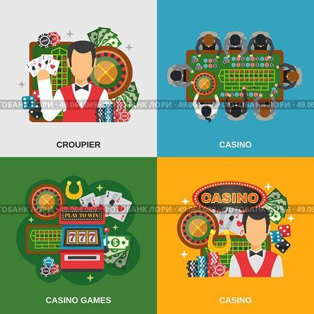 Casino Concept Icons Set . Casino concept icons set with croupier and casino games symbols flat isolated vector illustration . Стоковая иллюстрация, агентство Ingram Publishing / Фотобанк Лори