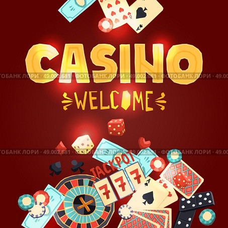 Casino gambling poster with poker cards dice roulette domino chips slot machine vector illustration. Casino gambling poster. Стоковая иллюстрация, агентство Ingram Publishing / Фотобанк Лори