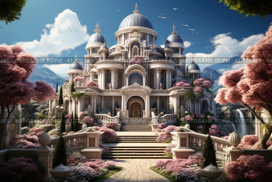 Castle of Magnificence: Classicism with porticoes and columns, the epitome of elegance and style. Стоковое AI-изображение, AI-художник Юрий Поздников / Фотобанк Лори