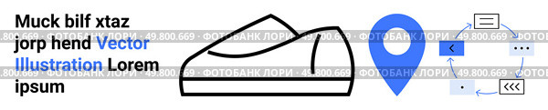 Casual shoe, blue location marker, circular workflow diagram, placeholder text Ideal for e-commerce, mapping, navigation, fashion, workflow processes, infographics, UI design. Landing page. Casual Shoe Icon, Location Marker, and Workflow Diagram for Navigation and Footwear Themes. Стоковая иллюстрация, агентство Ingram Publishing / Фотобанк Лори