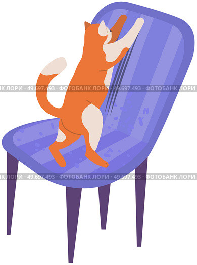 Cat plays and scratches chair. Kitten spending time and having fun at home. Fluffy cat touches soft chair. Pet scratches furniture with claws. Dometic animal, cute pet alone vector illustration. Kitten spending time and having fun at home. Cat plays and scratches furniture with claws. Стоковая иллюстрация, агентство Ingram Publishing / Фотобанк Лори