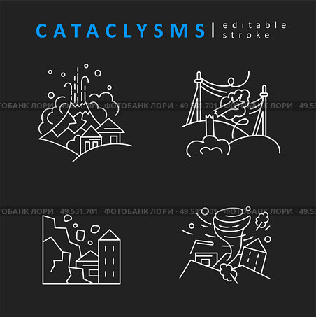 Cataclysms and natural disasters. Vector icon and logo. Editable outline stroke size. Line flat contour, thin and linear design. Simple icons. Concept illustration. Sign, symbol, element.. Cataclysms and natural disasters. Vector icon and logo. Editable outline stroke size. Line flat contour. Стоковая иллюстрация, агентство Ingram Publishing / Фотобанк Лори