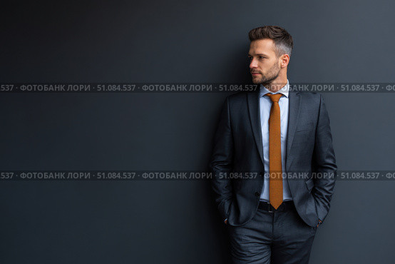Caucasian businessman in a formal wear isolated on a dark gray background. Confident man in suit standing over black wall. Business concept. Mature executive manager, proud lawyer, successful leader. Стоковое AI-изображение, AI-художник Марина Демидюк / Фотобанк Лори