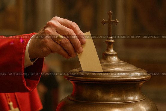 Caucasian male clergy voting in religious ceremony with ballot and bronze urn. Стоковое AI-изображение, AI-художник Башкирова Анна / Фотобанк Лори