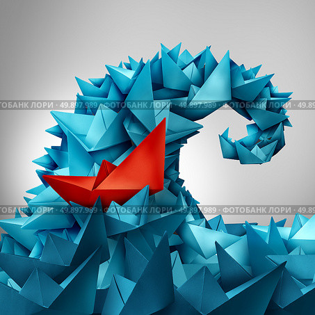 Caught in a wave as a business concept of following popular social trends or corporate insider as an ocean splash made of paper boats with a red boat trapped or integrated within the organised group in a 3D illustration style. Стоковое фото, агентство Ingram Publishing / Фотобанк Лори