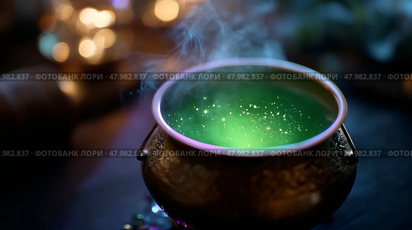 Cauldron bubbling with green potion emits magical smoke in a dimly lit room during a mystical gathering. Стоковое AI-изображение, AI-художник Сергей Толмачёв / Фотобанк Лори