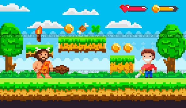 Caveman and modern character in a colorful, pixel art style, side-scrolling video game setting with clouds, trees, and platforms. Ideal for retro games, adventure, nostalgia, youth, tech themes. Retro Pixel Art Side-Scrolling Game with Caveman and Modern Character. Стоковая иллюстрация, агентство Ingram Publishing / Фотобанк Лори