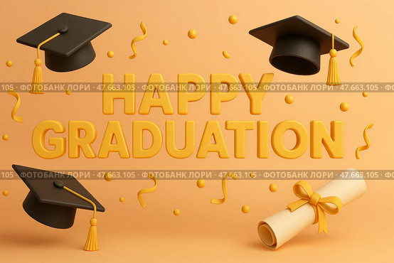 Celebrate Graduation With Festive Caps and a Diploma on a Vibrant Orange Background. Стоковое AI-изображение, AI-художник Юлия Гапеенко / Фотобанк Лори