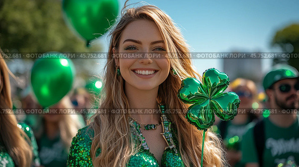 Celebrating St Patricks Day with green balloons in a lively city parade. Стоковое AI-изображение, AI-художник Юлия Гапеенко / Фотобанк Лори