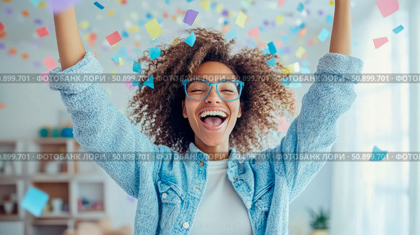 Celebration: Joyful woman in confetti shower, design for a greeting card or promotion. Стоковое AI-изображение, AI-художник Данила Большаков / Фотобанк Лори