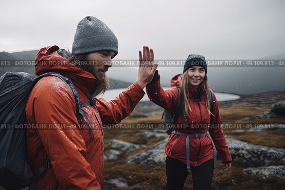 Celestial Connection: A Blissful High Five Between a Man and Woman, Celebrating Triumph. Стоковое AI-изображение, AI-художник Данила Большаков / Фотобанк Лори