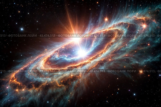 Celestial space phenomenon as supernova with exploding stars cosmic shock waves and radiant nebula on night sky. Perfect background for poster. Cosmic science spectacle concept. Copy ad text space. Стоковое AI-изображение, AI-художник Aleksandr Golubev / Фотобанк Лори