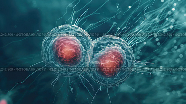 Cell division process, micro. Стоковое AI-изображение, AI-художник Кирилл Черезов / Фотобанк Лори