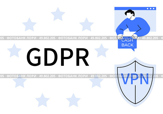 Central bold text with GDPR surrounded by stars, a person with Cashback dialogue, and a shield with VPN text. Ideal for illustrating data protection, privacy policies, online security, GDPR. GDPR Compliance with VPN Protection and Cashback Benefits. Стоковая иллюстрация, агентство Ingram Publishing / Фотобанк Лори