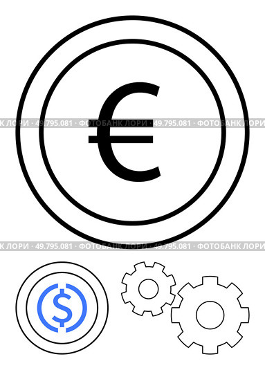 Central euro and dollar signs enclosed in circles, accompanied by two interlocking gears. Ideal for finance, economy, investment, currency exchange, business strategy, trade collaboration. Line. Currency Symbols in Circles with Interlocking Gears Representing Financial Mechanics and Cooperation. Стоковая иллюстрация, агентство Ingram Publishing / Фотобанк Лори