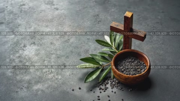 Ceremonial Ash Bowl and Wooden Cross for Ash Wednesday Observances During Lent Season in a Serene Setting. Стоковое AI-видео, аниматор Sergey Grishin / Фотобанк Лори