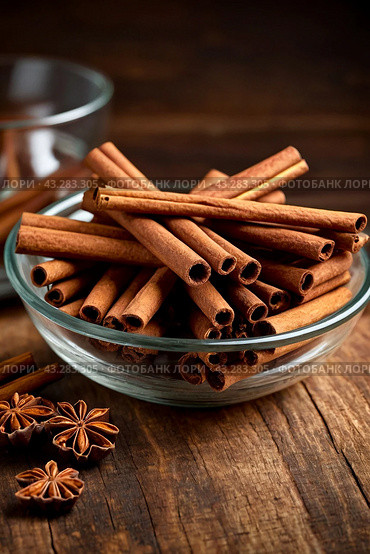 Ceylon cinnamon sticks in glass plate on wooden board, rustic style. Still life natural food of sri lankan cinnamon sticks on table at grey wall. Delicious tasty healthy concept. Copy ad text space. Стоковое AI-изображение, AI-художник Aleksandr Golubev / Фотобанк Лори