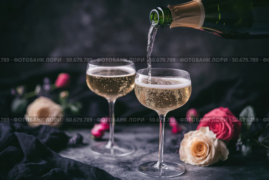 Champagne and red pink roses on a black concrete background. Copy space for text. Valentines drinks for for a pair of lovers. Bartender pours prosecco sparkling wine into glasses. Romance. Wedding Day. Стоковое AI-изображение, AI-художник Марина Демидюк / Фотобанк Лори
