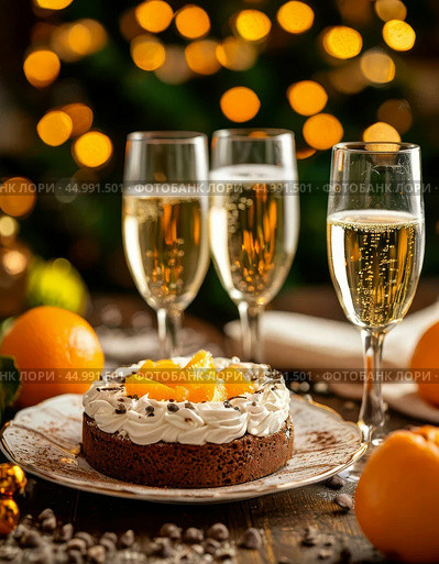 Champagne in glasses, cake with tangerines, airy cream and chocolate. Стоковое AI-изображение, AI-художник Сергей Елизарьев / Фотобанк Лори