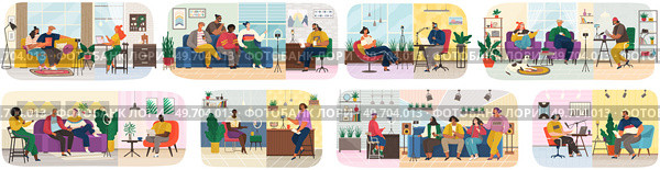 Characters giving interview to journalist. Live report, press conference with guests of radio station. People communicate during podcast. Live communication at interview. Recording audio podcast. People communicate during podcast. Live communication at interview. Recording audio podcast. Стоковая иллюстрация, агентство Ingram Publishing / Фотобанк Лори