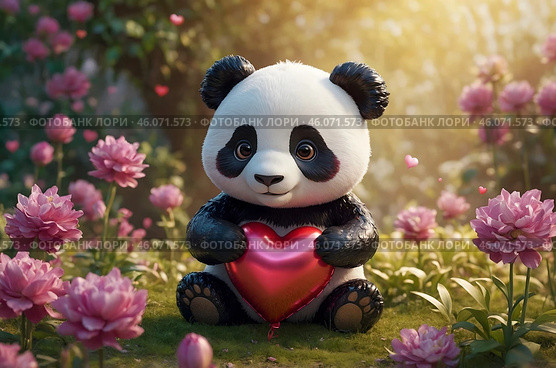 Charming panda chibi with huge sparkling eyes, clutching a heart-shaped balloon against the background of a bright flower garden, radiating joy. Стоковое AI-изображение, AI-художник Александр Поташев / Фотобанк Лори