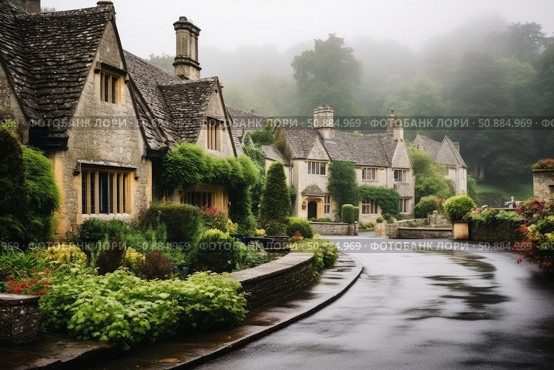 Charming stone cottages line a winding road in the cotswolds on a foggy day. Стоковое AI-изображение, AI-художник Иван Рябоконь / Фотобанк Лори
