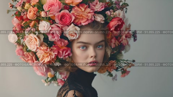 Charming woman proudly displaying an assortment of flowers beautifully arranged in her hair, showcasing vibrant colors and intricate designs. Стоковое AI-видео, аниматор Данила Большаков / Фотобанк Лори