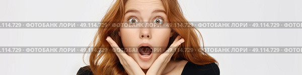 Charming woman with a shocked expression, hands raised to her face in surprise. Стоковое AI-изображение, AI-художник Данила Большаков / Фотобанк Лори
