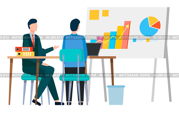 Chars and information on whiteboard. People looking at board brainstorming. Company workers on meeting, conference between boss and employee. Male character with businessman, vector in flat style. Business Seminar of People, Whiteboard with Info. Стоковая иллюстрация, агентство Ingram Publishing / Фотобанк Лори