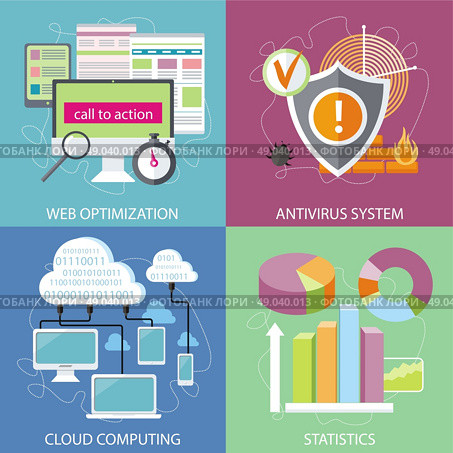 Charts graphs and parameters. Statistic business concept of analytics. Shield antivirus. Antivirus system. Cloud services concept. SEO optimization, programming process and web analytics elements in flat design. Стоковая иллюстрация, агентство Ingram Publishing / Фотобанк Лори