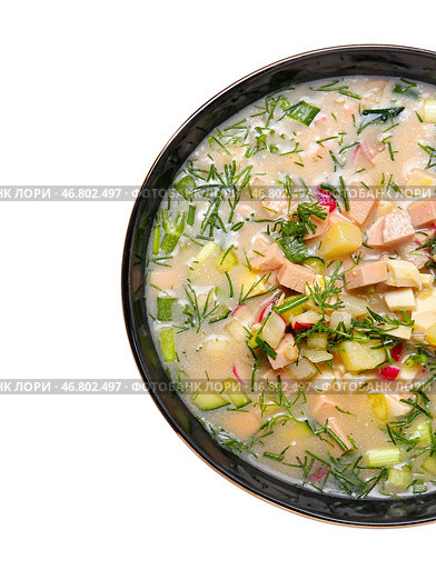 Чаша с вкусной окрошкой на белом фоне. Стоковое фото, фотограф Pixel_shot / Фотобанк Лори