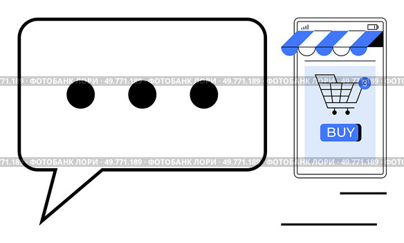 Chat bubble with ellipsis indicates messaging mobile screen with shopping cart and buy button. Ideal for communication, e-commerce, online shopping, customer support, digital marketing. Simple flat. Online Shopping Concept with Chat Bubble and Mobile Purchase. Стоковая иллюстрация, агентство Ingram Publishing / Фотобанк Лори