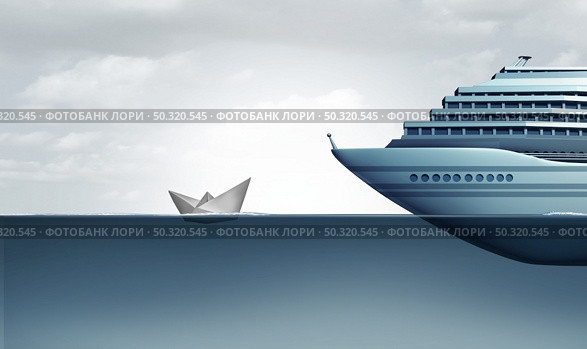 Cheap Cruise and budget vacation concept with paper boat compared to huge luxury liner Ship representing low price cruises or inexpensive vacations or economic disparity and rich and poor inequality with 3D illustration elements. Стоковое фото, агентство Ingram Publishing / Фотобанк Лори