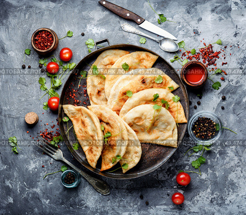 Cheburek, unleavened patty stuffed with minced meat.Traditional Tatar pastry. Cheburek,dough pie with meat filling. Стоковое фото, агентство Ingram Publishing / Фотобанк Лори