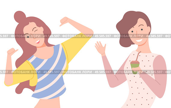 Cheerful female character vector, isolated set of woman, friends happy ladies drinking coffee or tea poured in plastic cup. Hipster personage style. Happy Woman Winking and Drinking Coffee Tea Set. Стоковая иллюстрация, агентство Ingram Publishing / Фотобанк Лори