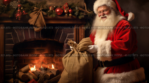 Cheerful Santa Claus brought a lot of gifts to a cozy house with a fireplace and decorated in a Christmas style. Generated by Ai. Стоковое AI-изображение, AI-художник Игорь Кляхин / Фотобанк Лори