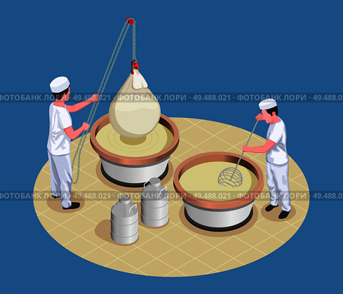 Cheese making isometric poster with two  manufacture workers kneading and checking fermentation process vector illustration. Стоковая иллюстрация, агентство Ingram Publishing / Фотобанк Лори