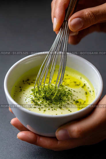 Chef whisking matcha powder into golden milk latte beverage. Стоковое AI-изображение, AI-художник Юрий Поздников / Фотобанк Лори