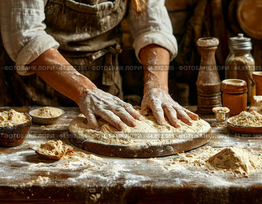 Chef's hands kneading dough on a massive wooden table. Close-up. Стоковое фото, фотограф Сергей Елизарьев / Фотобанк Лори