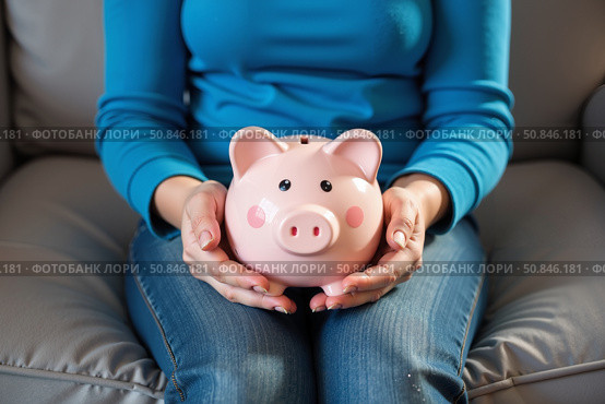 Человек держит розовую копилку для сбережений / A woman holds a pink piggy bank for savings. Стоковое AI-изображение, AI-художник Валерий Лукин / Фотобанк Лори
